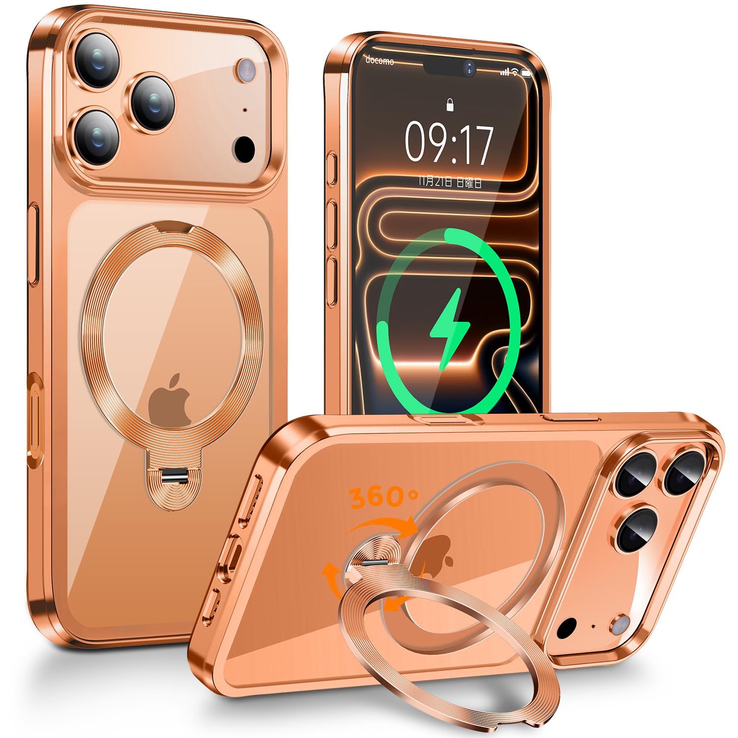 【360°回転無制限・縦横両立】FONKCASE iPhone17 Pro Max 用 ケース Magsafe対応【CDリング・スタンド一体】角度調整 ストラップホール付き【本体の色・メッキバンパー】アイフォン17プロマックスケース マグネット搭載 耐衝撃 透明 黄変防止 ワイヤレス充電対応 いphone17 Pro Max 用 カバー 6.9インチ（オレンジ）