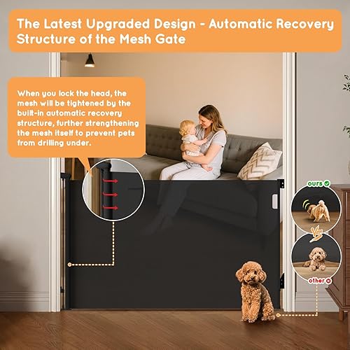 Miniatura 5 de Puerta retráctil para bebés para escaleras, puerta de malla de 55 pulgadas de ancho, tensión automática, operación con una sola mano, puertas