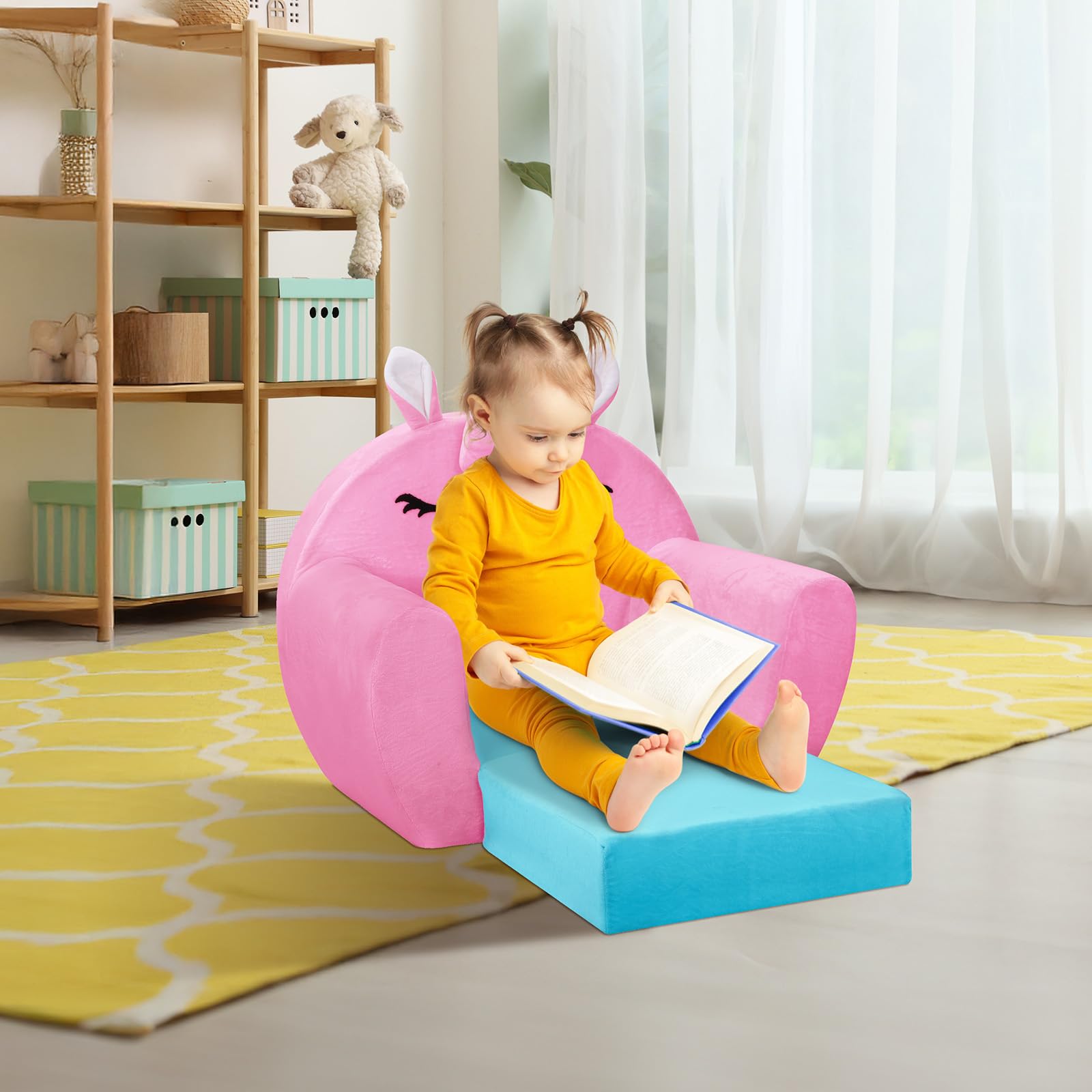 Sofá Plegable para Niños, Suave Cómodo Mini Sofá Infantil 2 en 1,Unicornio Rosa