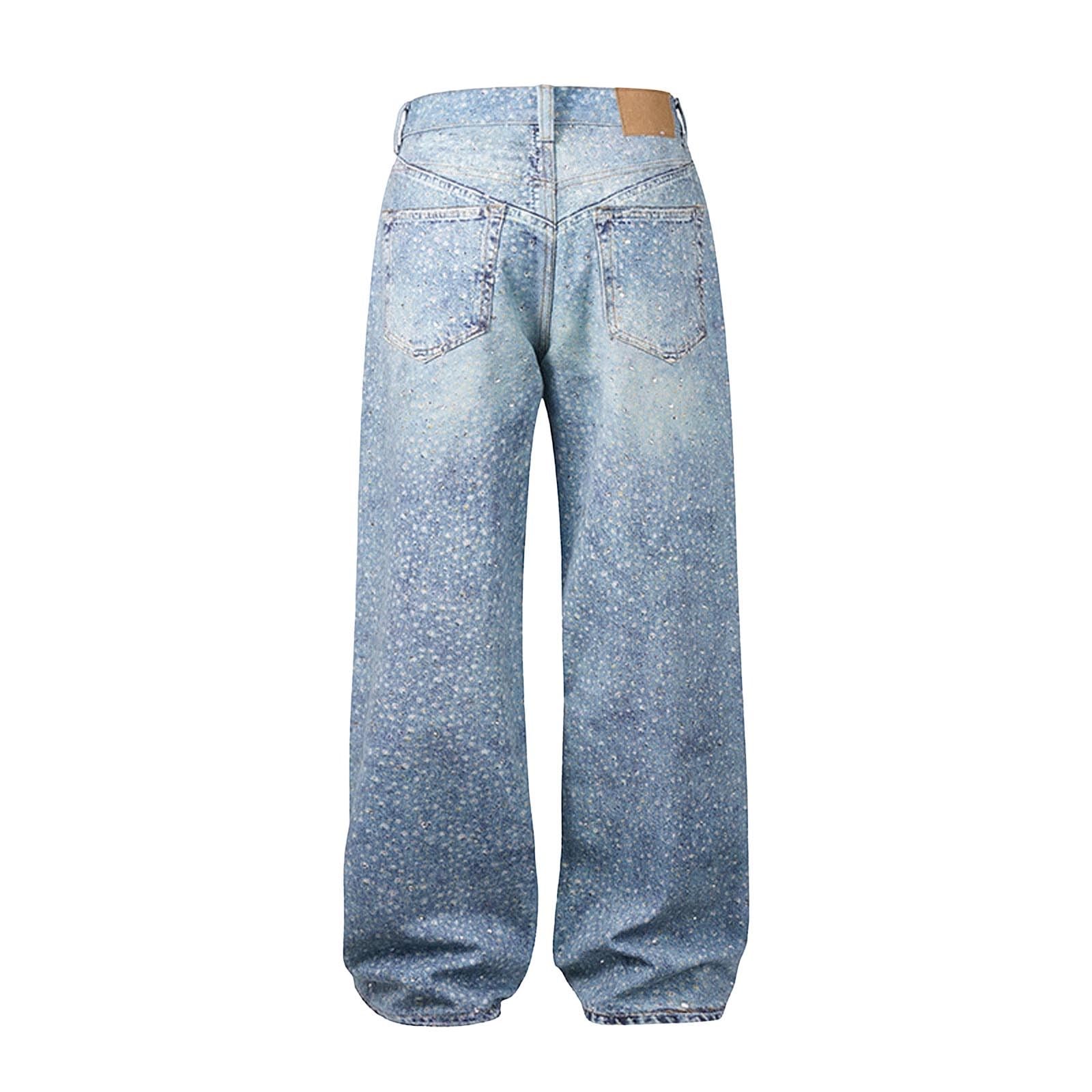 Jeans da uomo High Street con strass e paillettes, per il tempo libero, stile Y2K, casual, comodi, in denim, larghi e dritti, stile hip hop, streetwear