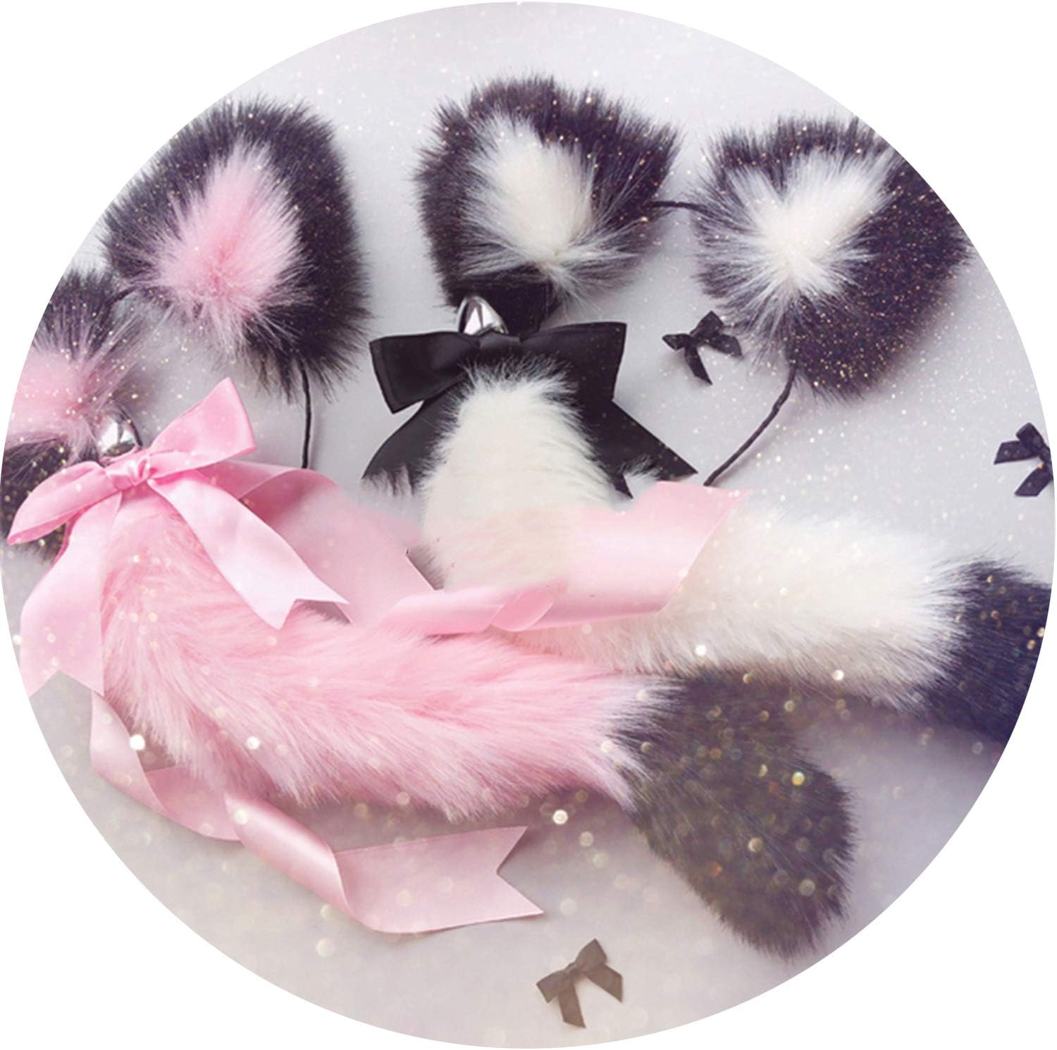 Knead Toys Alluring Egg Cute Soft Cat Ears Headbands with Tàil Bow Metal Butt Bead