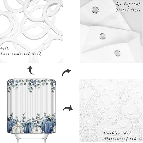 Miniatura 8 de Juego de cortinas de ducha de otoño, cortina de ducha de calabaza azul con ganchos, cortinas de ducha de tela de poliéster impermeable, cortinas de