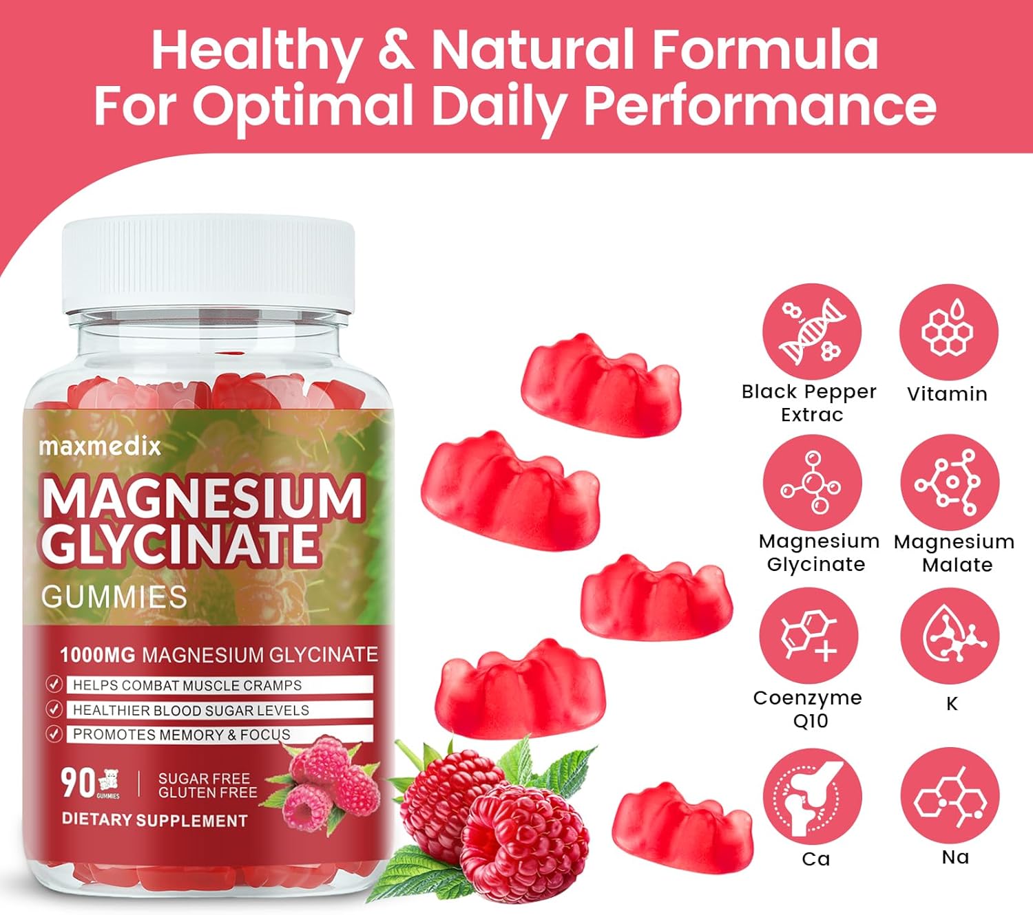 Magnesium Glycinate Gummies 1000mg, Sugar Free Magnesium Potassium Supplements Chewable for Adults with L-Threonate for Sleep, Body Support and Relaxation,90 Raspberry Gummies - Image 9