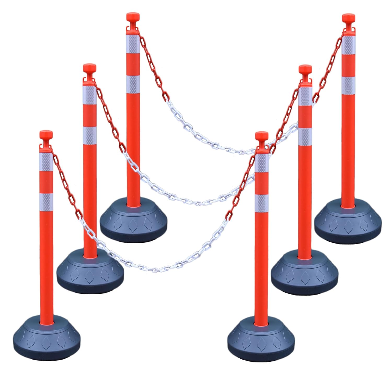 6-Piece Set 40"/ 102cm Stanchion Posts, Traffic Delineator Post with Yellow Reflective Strip and Water Filled Base for Parking, Queue and Crowd Control (Black)