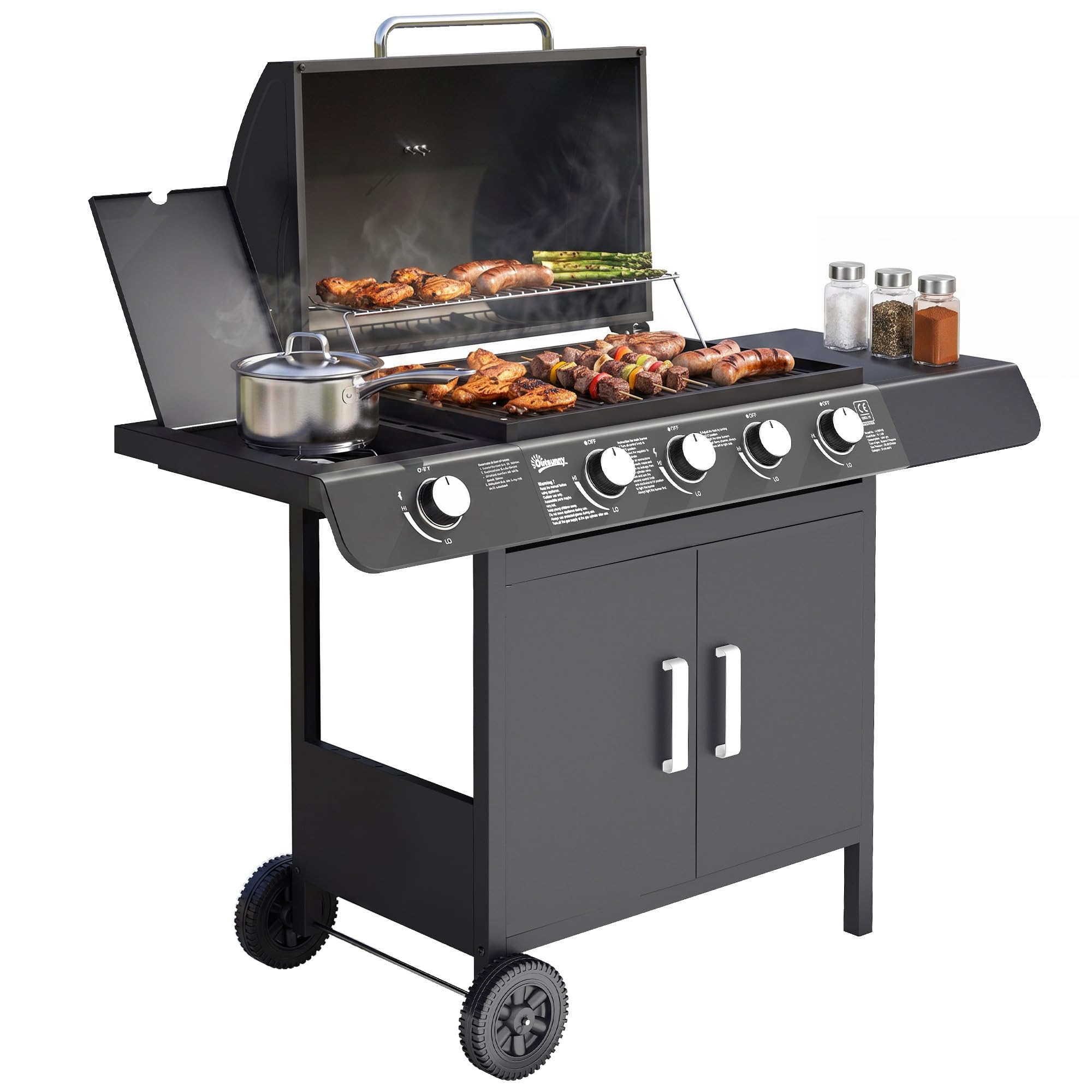 Outsunny Barbacoa de Gas con 4+1 Quemadores 14,4 KW Mesas Laterales Armario de Almacenaje Termómetro y 2 Ruedas Acero Inoxidable BBQ 125x51x100 cm Negro