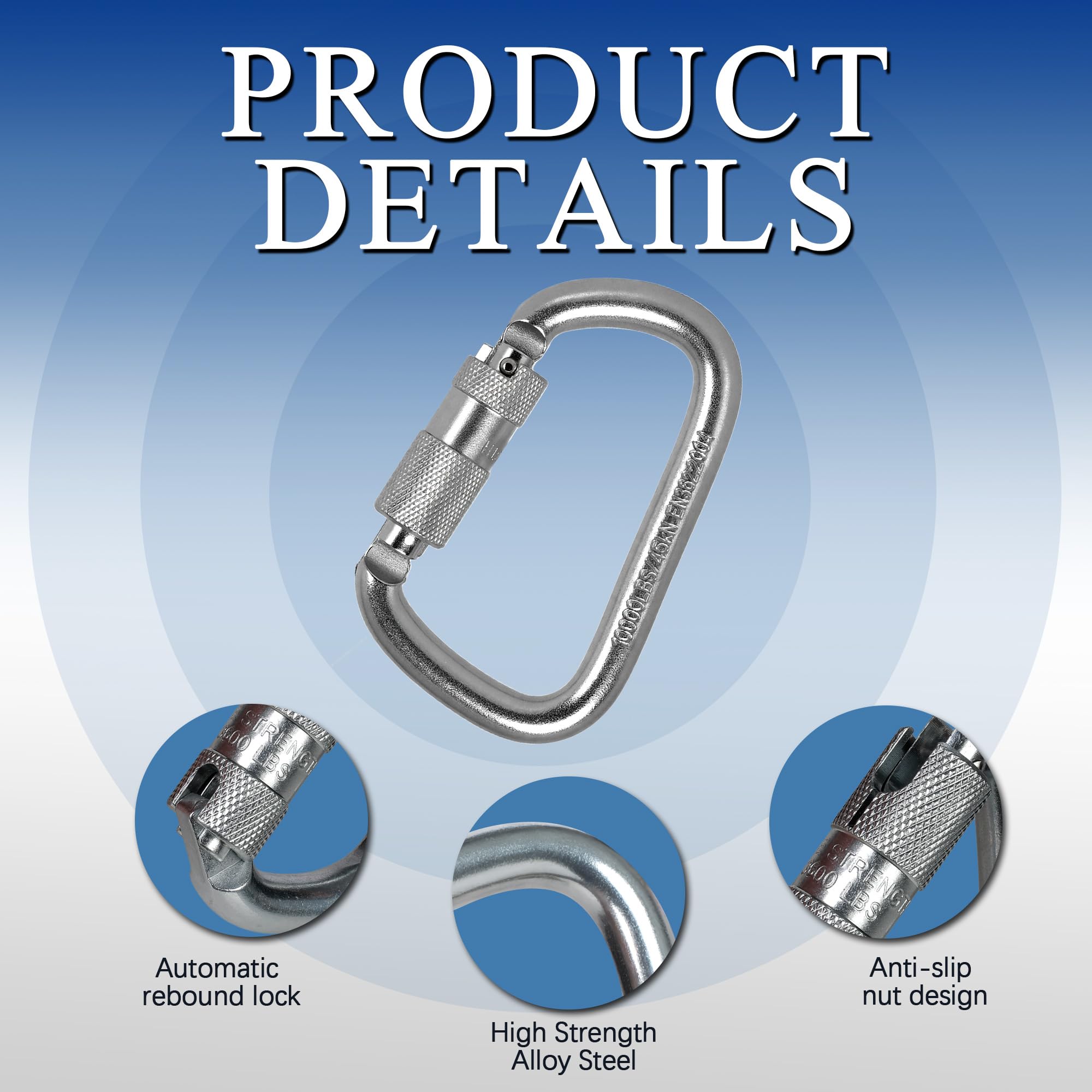 Mosquetón de bloqueo automático 45KN = 4,535.9 kg Twist Lock Steel Heavy Duty Large Mosquetón Clip para escalada en roca, camping, gimnasio, rescate y montañismo