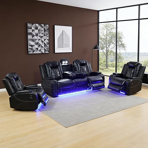 Miniatura 50 de Juego de sofá reclinable eléctrico para sala de estar, juego de sofá reclinable de cuero con luces LED, puertos USB, almacenamiento oculto, juego de