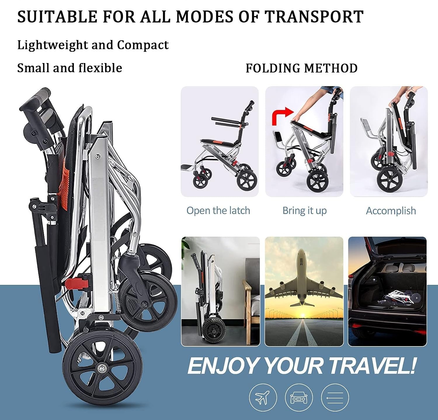 Silla de ruedas plegable ultraligera de transporte, peso de 8 kg, soporta 100 kg, marco de aluminio para viajes y movilidad