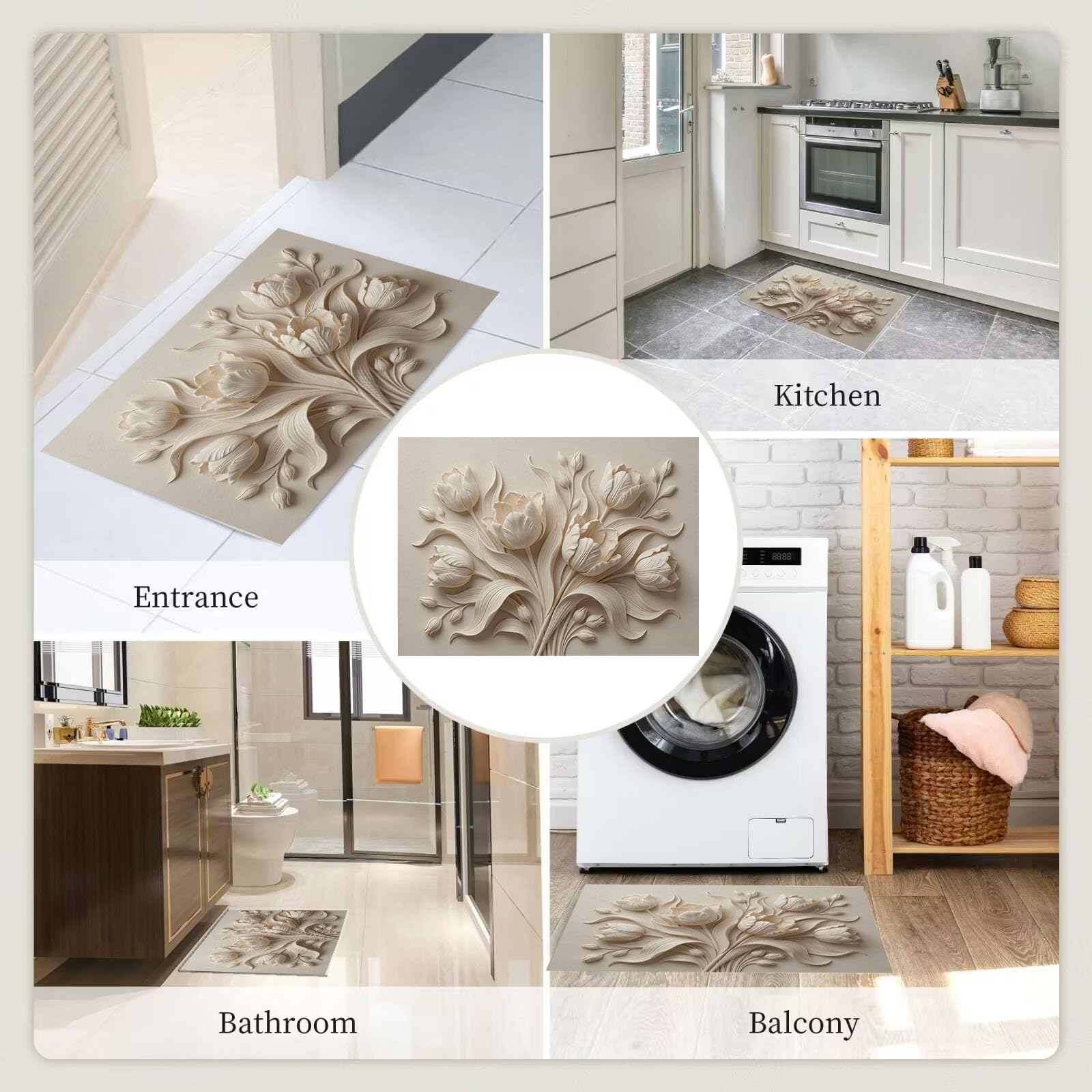 Zerbino Ingresso Interno Rilievo Tridimensionale Un Elegante Tulipano, Zerbino Di Benvenuto Lavabile Morbida Piante Naturali, Antiscivolo Tappeto Da Decorazioni Beige Per Casa Porta, 60X90Cm
