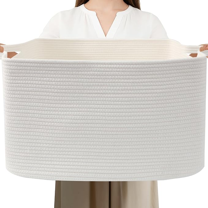 Large Blanket Basket,Woven Rope Basket Storage Bin with Handles,65L Rectangle Laundry Basket for Magazines,Toys,Clothes,Newspaper Shelf Organization,Nursery and Living Room,White & Brown