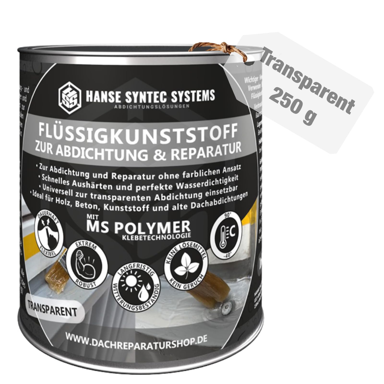 HSS Flüssigkunststoff für Abdichtung & Reparatur – UV- & witterungsbeständig – MS-Polymer – lösungsmittel- & bitumenfrei – Transparent – 250 g für ca. 0,7m²