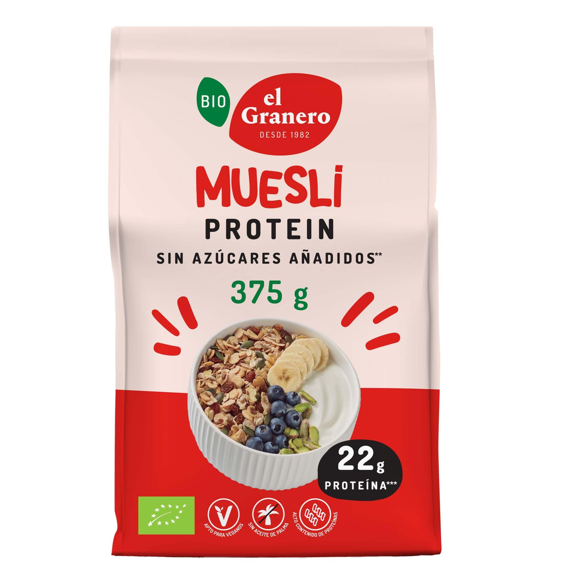 El Granero Integral - Muesli Protein Ecológico 375 g - Copos de Avena y Soja - Alto Contenido en Proteína y Fibra - Aporta una Dosis Extra de Energía - Cereales de Desayuno