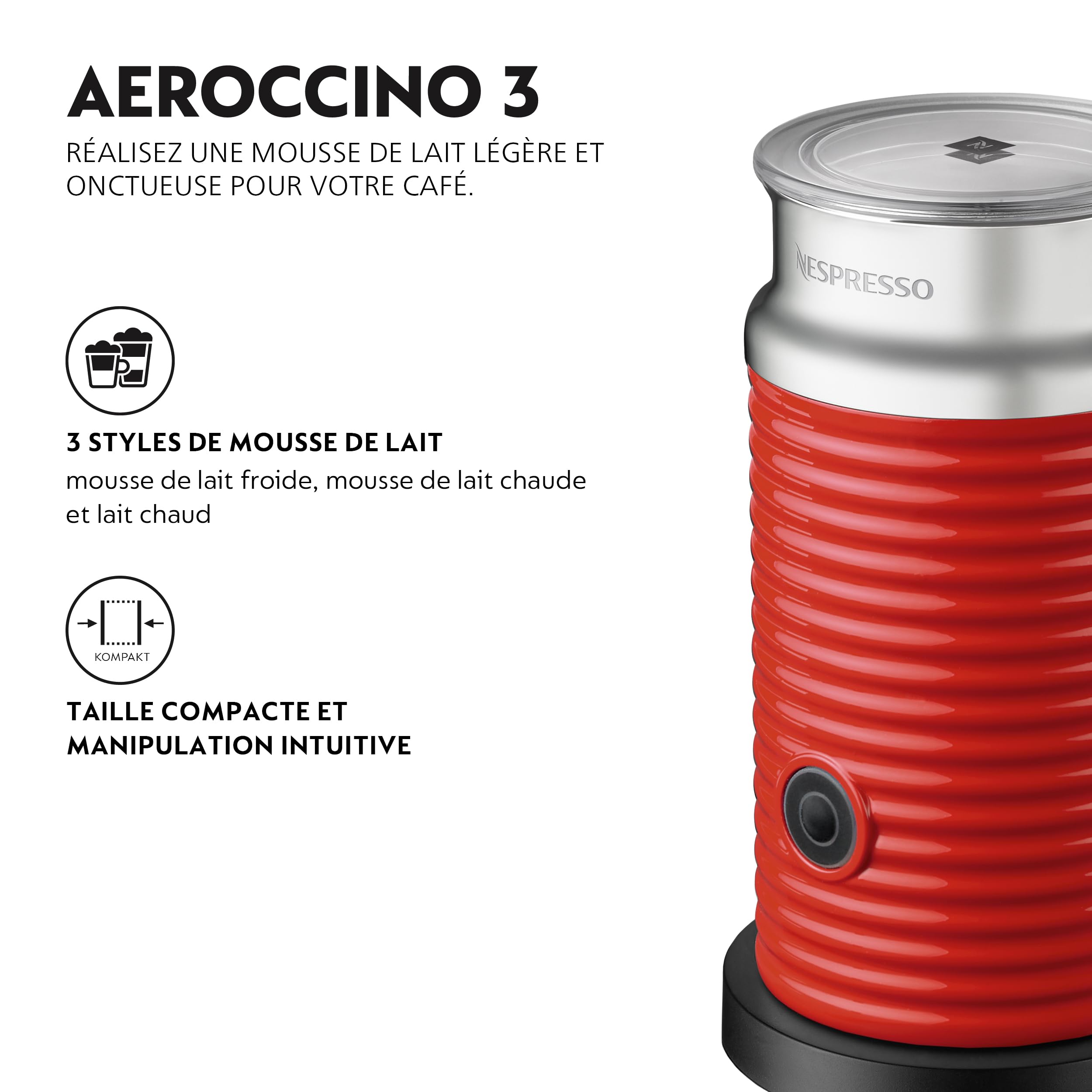 Nespresso - Aeroccino - 3 Mousseur à Lait Chaud et Froid - Rouge - 240 ml | Milk Frother - pour Préparer une Mousse Crémeuse Chaude ou Froide, Système Automatique Rapide - pour Cappuccinos et Lattes