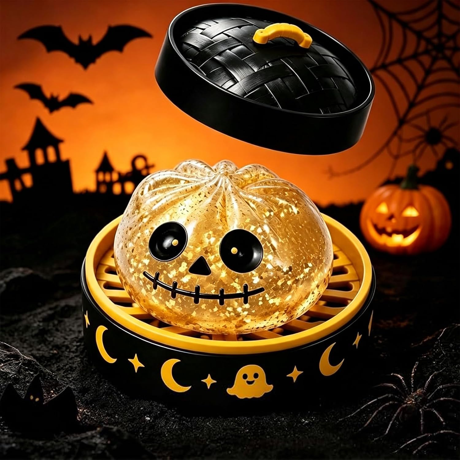 Halloween Ghost Bao Glitter-Squishy Stress Balls with Steamer, Halloween Skull Slow-Rise Basket Stuffer Party Favors & Adult Novelty（Skull）