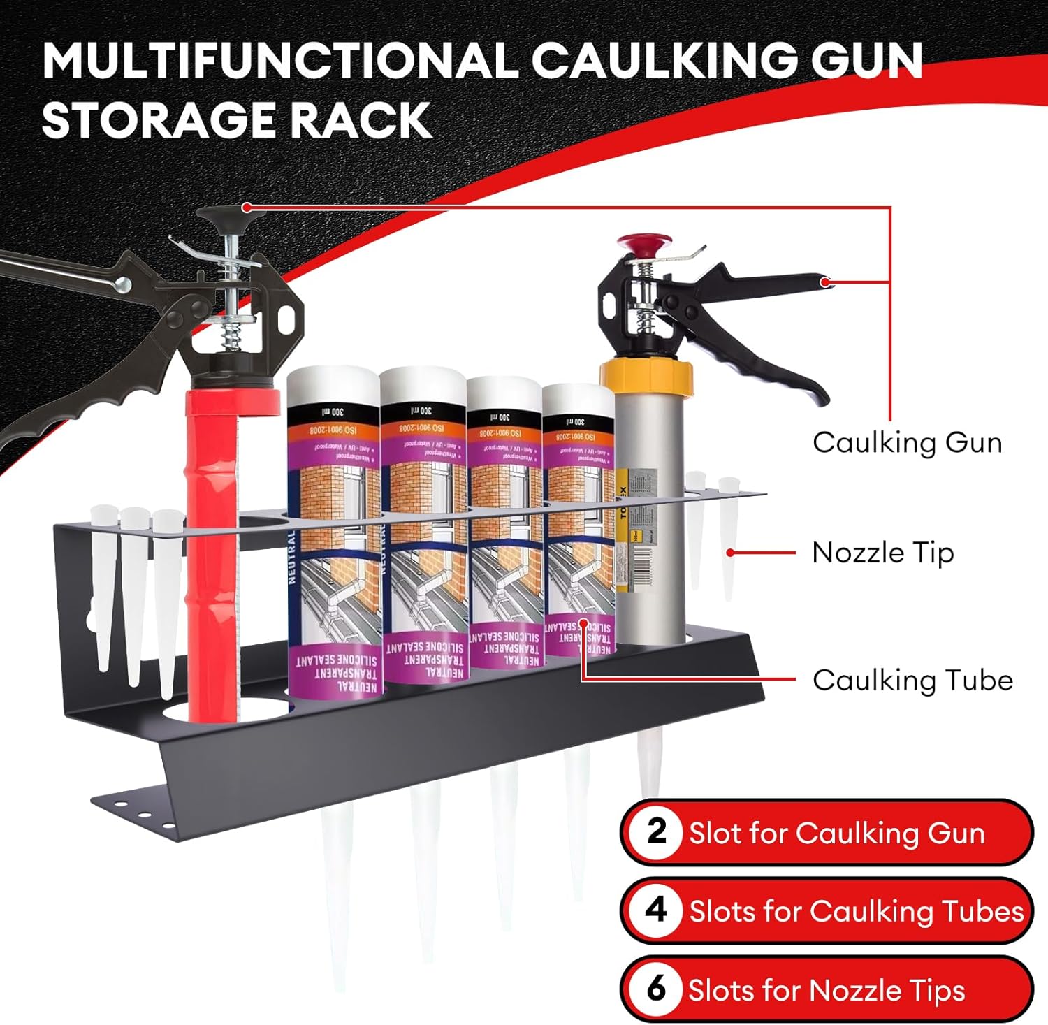 Caulking Gun Holder Caulking Tubes Storage Rack,Caulking Nozzle Tips Organizer, Wall Mount Rack for Caulking Tubes and Gun,Caulking Gun Holder Caulking Gun Storage Organizer for Workshop
