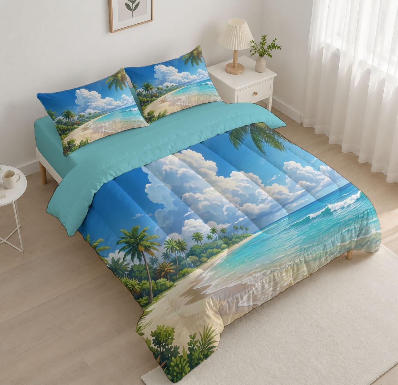 Tranquil Seaside Comforter Set King Size, Beach Coconut Trees Waves Bedding Set for Girls Boys, Light Blue Quilt Bed 104"X90" Bedding Comforter Sets with 2 Pillowcase Room Decor