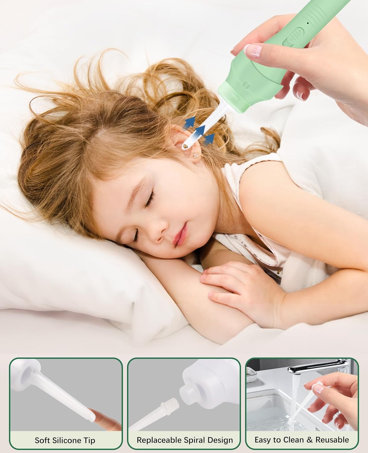Electric Ear Vacuum Ear Wax Removal Tool with LED Light for Ear Cleaning, USB Rechargeable Ear Cleaner with 4 Soft Silicone Tips, Reusable Ear Cleaning Kit for Family Use-Avocado Green