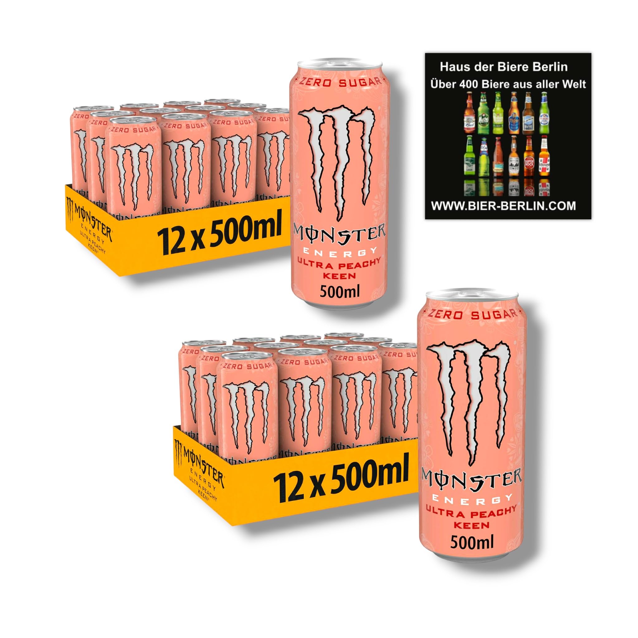 Monster Energy Ultra Peachy Keen - Zero Sugar Energy Drink- Neu! 24 x 500ml Dose inklusive Haus der Biere Berlin Bierdeckel