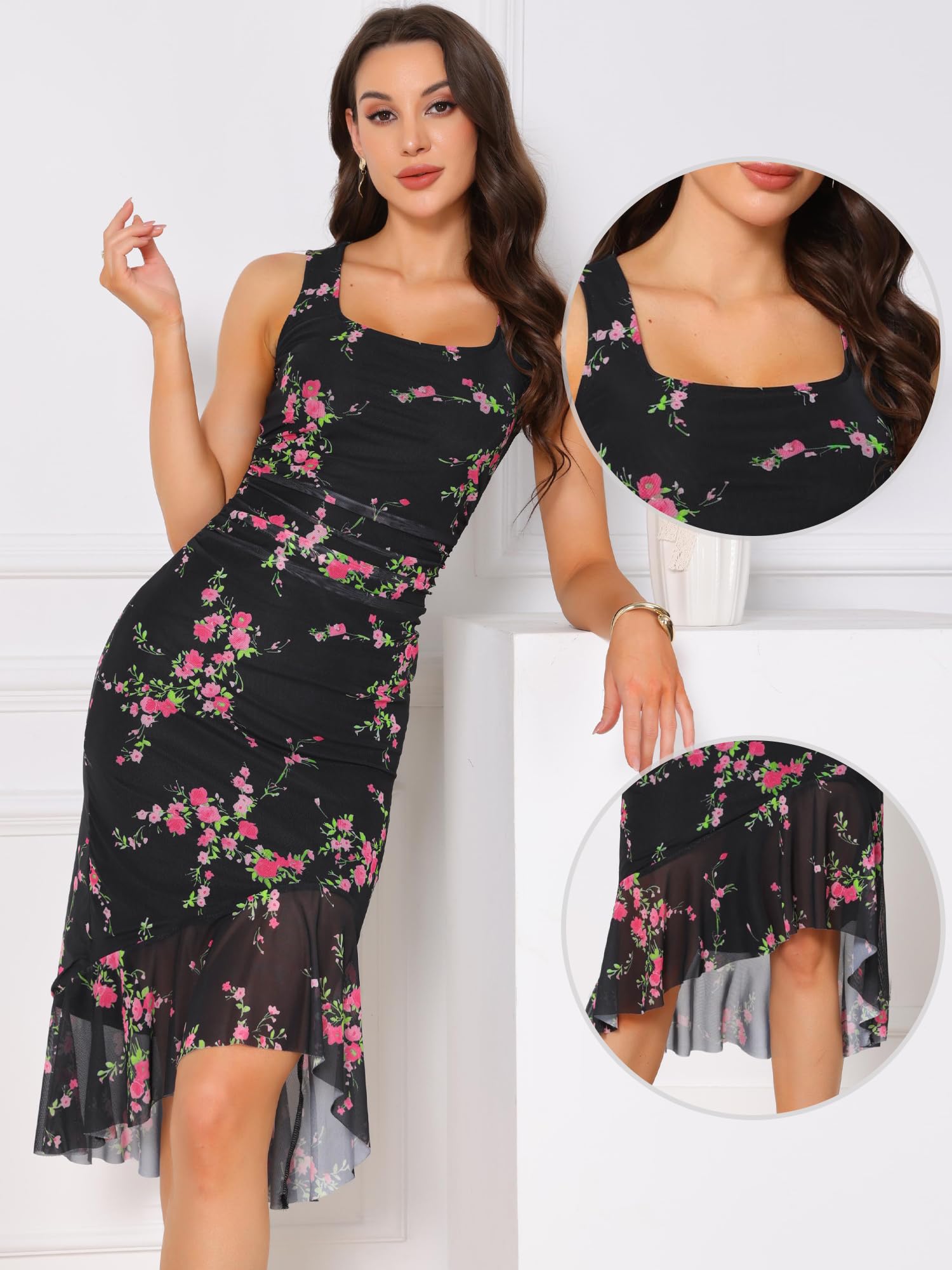 Allegra K Vestido ajustado de verano sin mangas con cuello cuadrado para