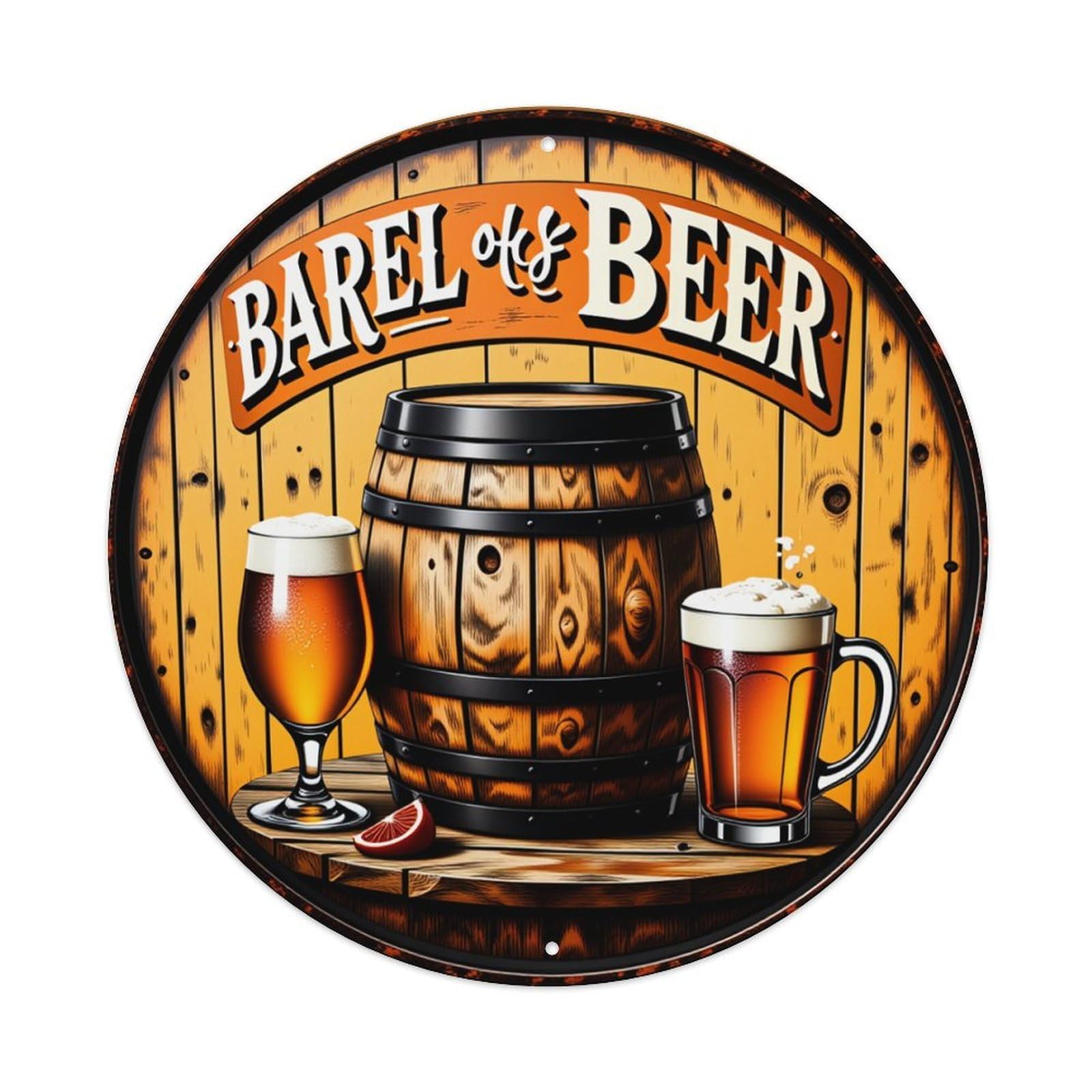 Barel Of Beer Wooden Barrel Vintage Metal Tin Sign Retro Wall Decor for Home Bar Garage Cafe, Indoor & Outdoor Decorative，circle Metal Poster, 8x8 Inch