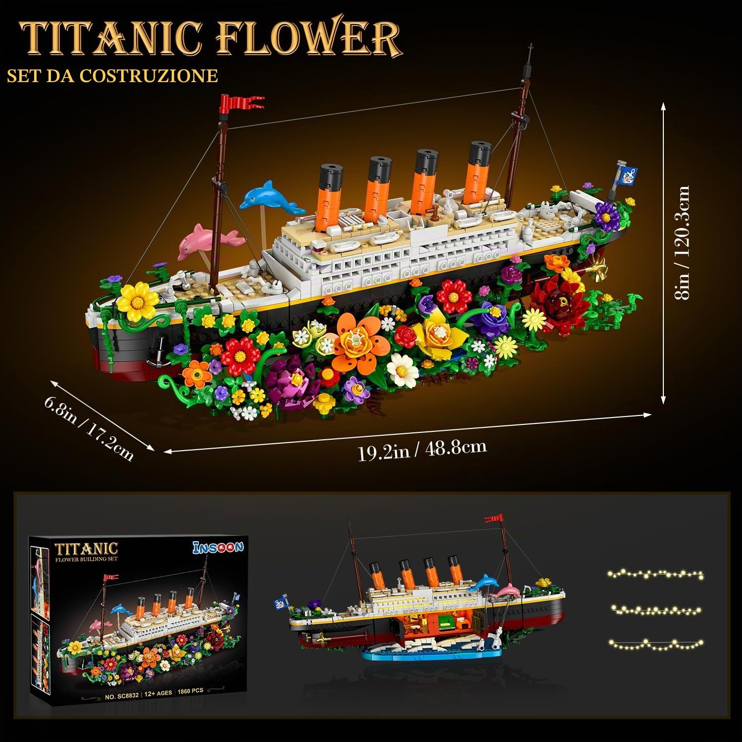 INSOON Blumen Titanic Giocattolo da costruzione con luce, nave Titanic con fiori, delfini botanici, 1860 pezzi modello di nave, mattoncini di serraggio, regalo per adulti, bambini, ragazzi e
