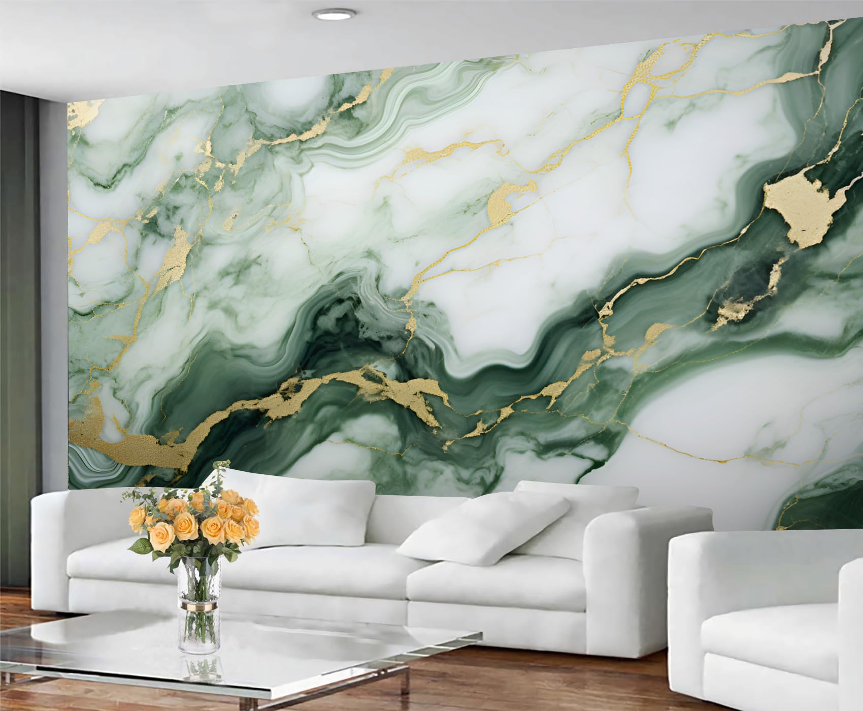 YXQAIED Marble Wallpaper, Fresh Marble Bedroom Wallpaper, Modern Green Wall Paper for Living Room, Not Self Adhesive Modern Light Luxury Photo 3D Wall Murals & Room Decor, 390x260cm