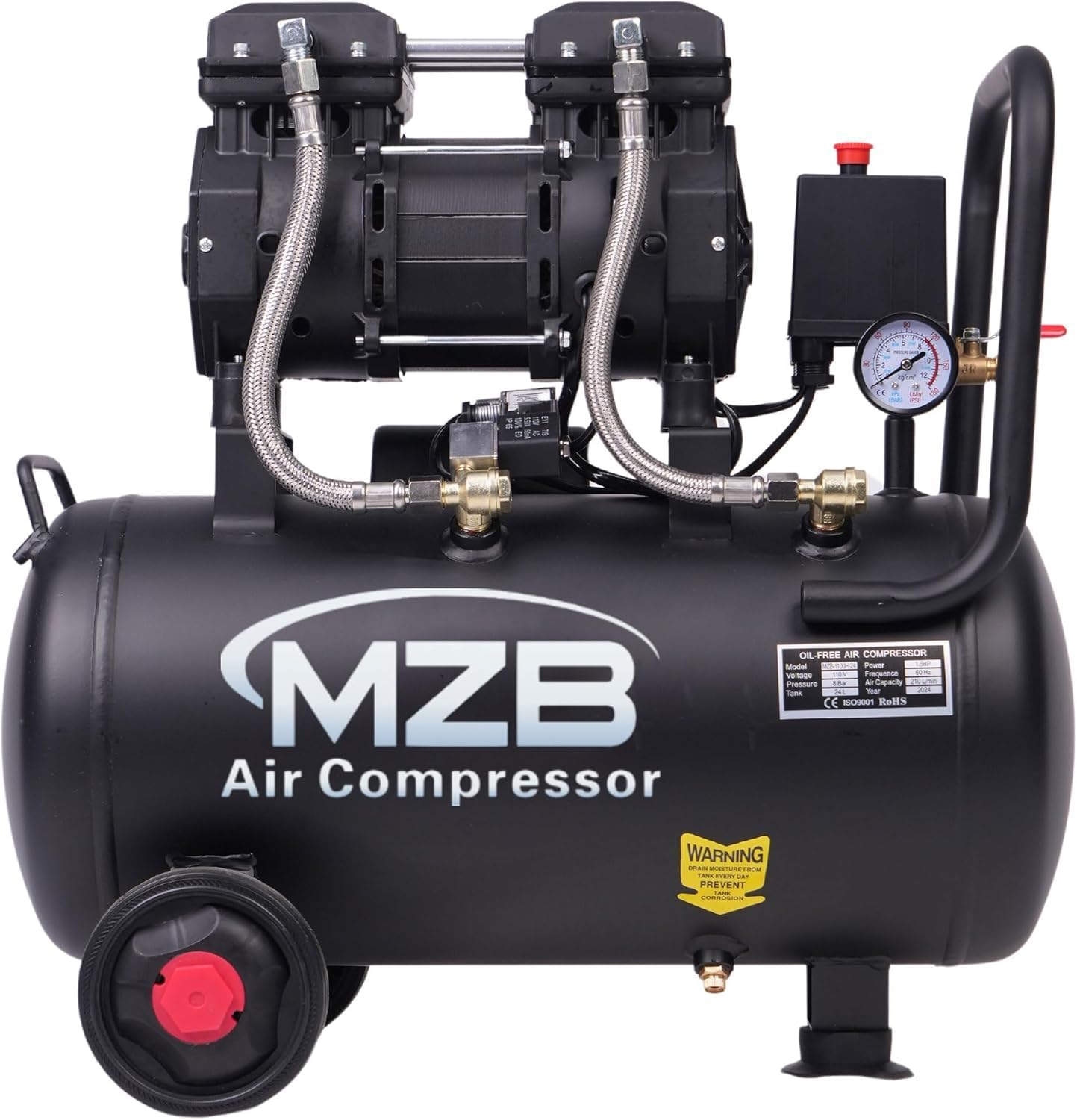 MZB 6.4 Gallon Ultra Quiet Air Compressor 110V/60Hz 1.5HP 7.41CFM MAX 115PSI Steel Tanks Oil-Free 70dB Noise Level Air Compressor with Wheels for Spray Painting, Auto Repair, Carpentry Decoration