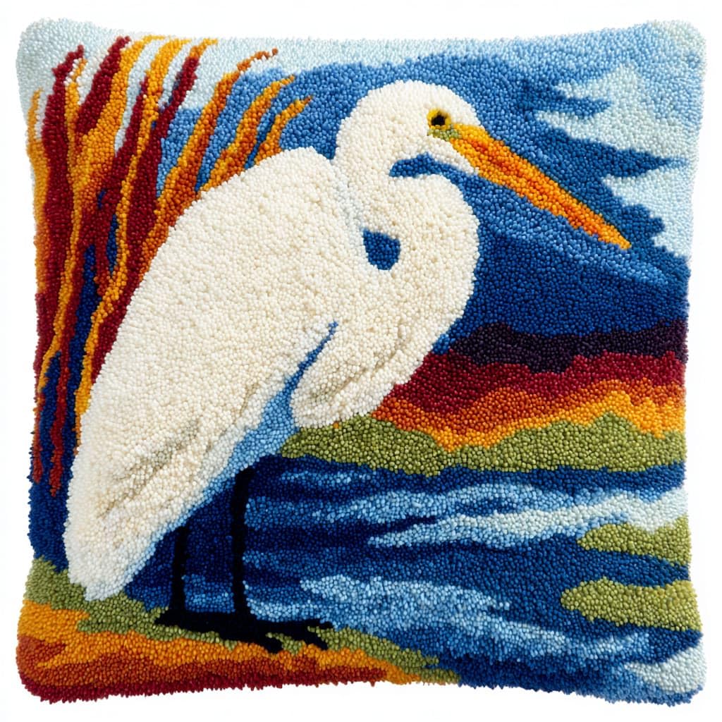 Taxpy DIY Latch Hook Rug Kits, Animal egret Latch Hook Cushion Kits Pillowcase Rug Crochet Needlework DIY Needlework Pillow Cover Sofa Cushion 43x43cm
