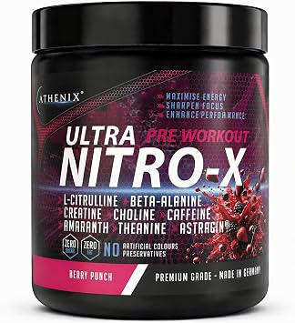 ATHENIX  Ultra Nitro-X Pre-Workout | Berry Punch | 5000 mg L-Citrulline + 2500 mg Beta-Alanine + Creatine, Caffeine, AstraGin  | Explosive Energy, Focus & Pumps | 28 Servings | Made in Germany
