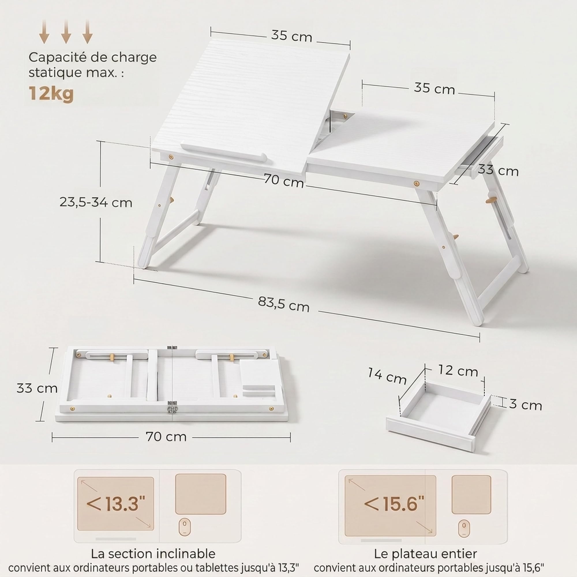 HOMCOM Tavolino pieghevole regolabile 83,5x33x23,5-34 cm Bianco