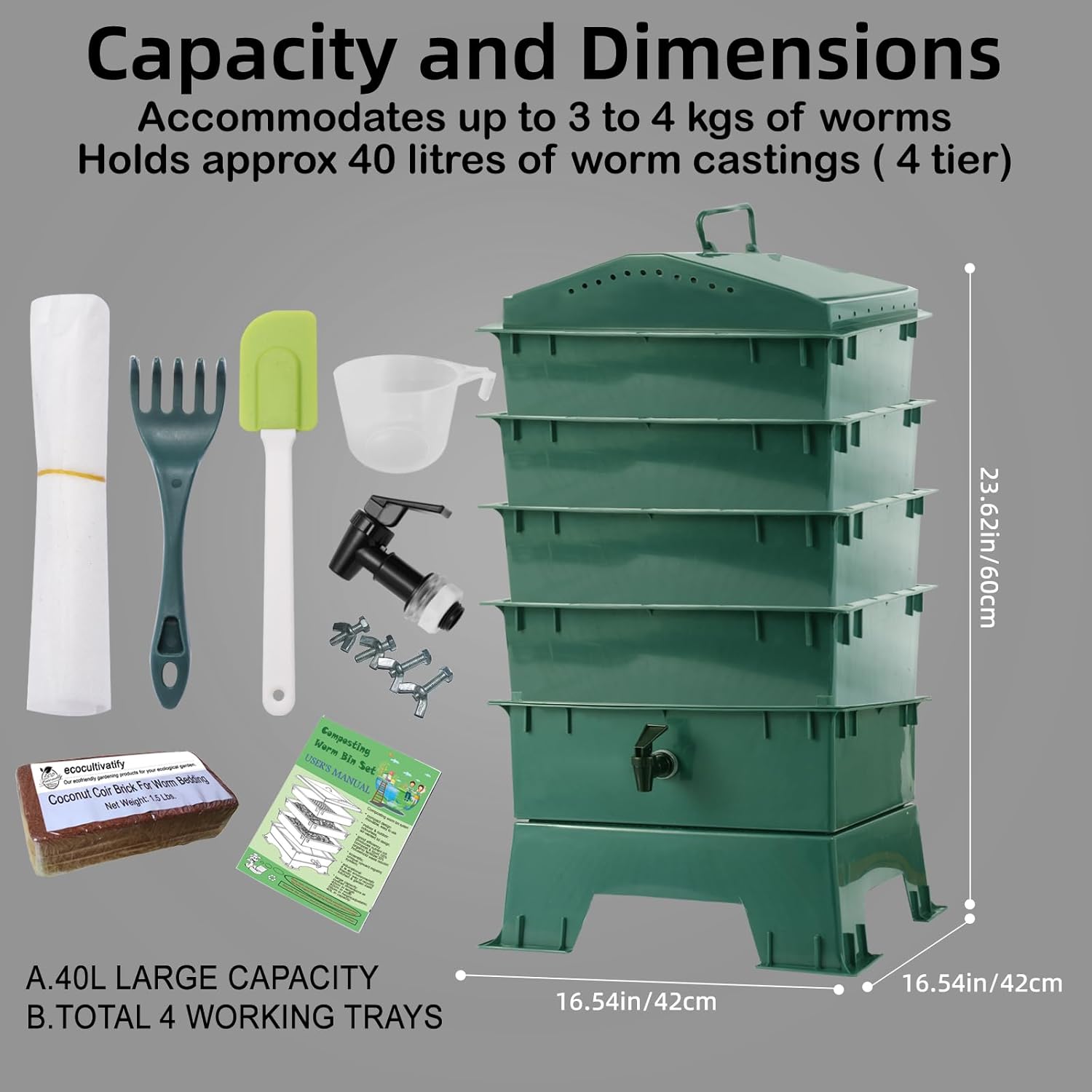 4-Tray Worm Compost Bin, Worm Composter for Outdoor & Indoor, ecocultivatify Wormie's Home, Worm Bin Set for Recycling Household Waste (Dark Green)