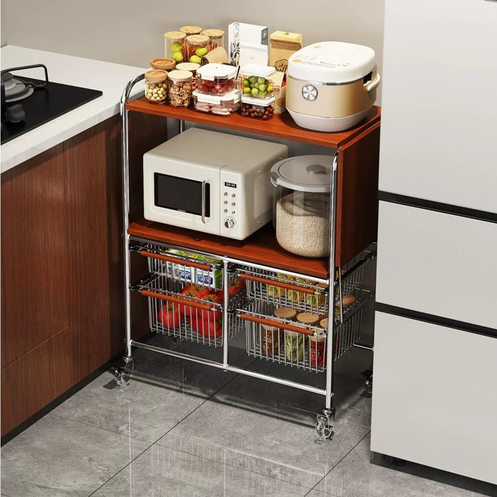 Carrello da cucina Carrello da cucina con rotelle, portaoggetti mobile for microonde e portaverdure