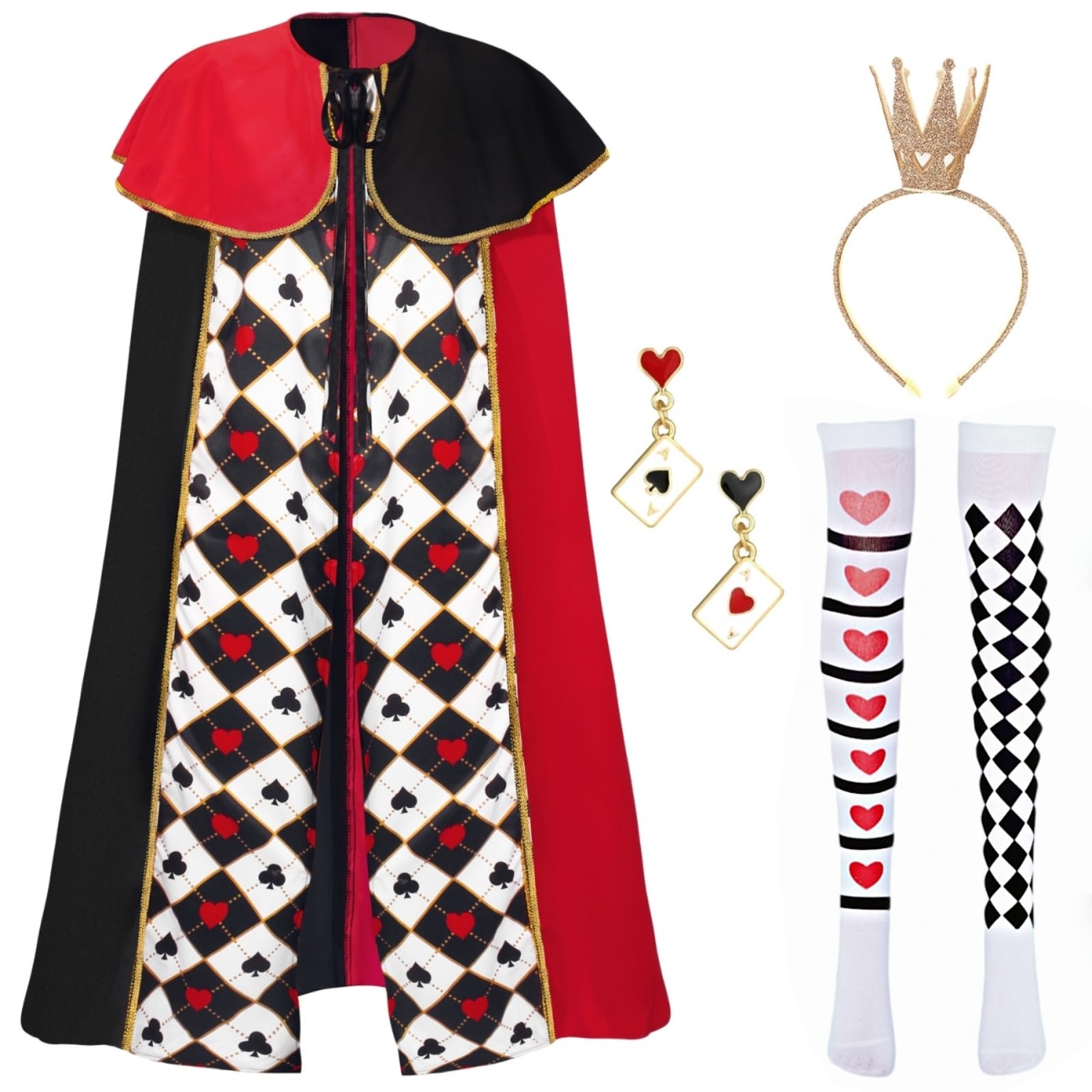 Disfraz de reina para adultos, 6 unidades, corazones rojos para mujer, disfraz de fantasía, abrigo de reina con corona de corazón, varita mágica para Halloween, carnaval, fiesta, reina, cosplay