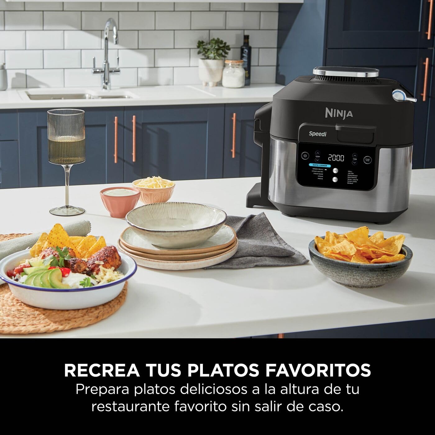 Ninja Speedi Olla Exprés Multifunción Rápida, Olla Eléctrica con Freidora Aire 5,7L, 10 en 1, Freidora sin Aceite, Horno, Cocción Lenta, al Vapor y más, 4 Porciones en 15min, Negro ON500EU