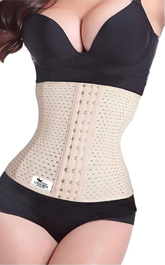 Grasshopr - Waist Trainer Trimmer and Slimming Corset/ 3 Hooks Girdle with Spiral Steel Bone (Beige Color)