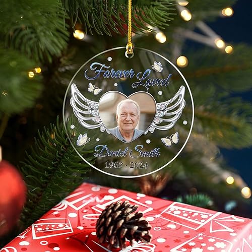 Miniatura 3 de Adorno conmemorativo personalizado con alas de ángel, estilo de joyería, adorno acrílico con foto personalizada 2022 para un ser querido, miembros