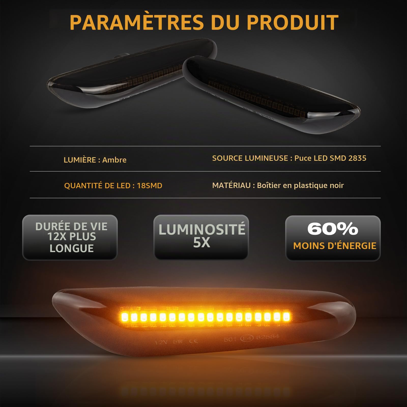 POPMOTORZ LED Clignotant Latéral, LED Feux latéraux 2835 SMD avec Canbus pour BMW 1 Series E81 E82 E87 E88 3 Series E46 E36 E90 E91 E60 E61 E92 E93 5 Series E60 E61 X1 E84 X3 E83 X5 E53, 2 Pièces