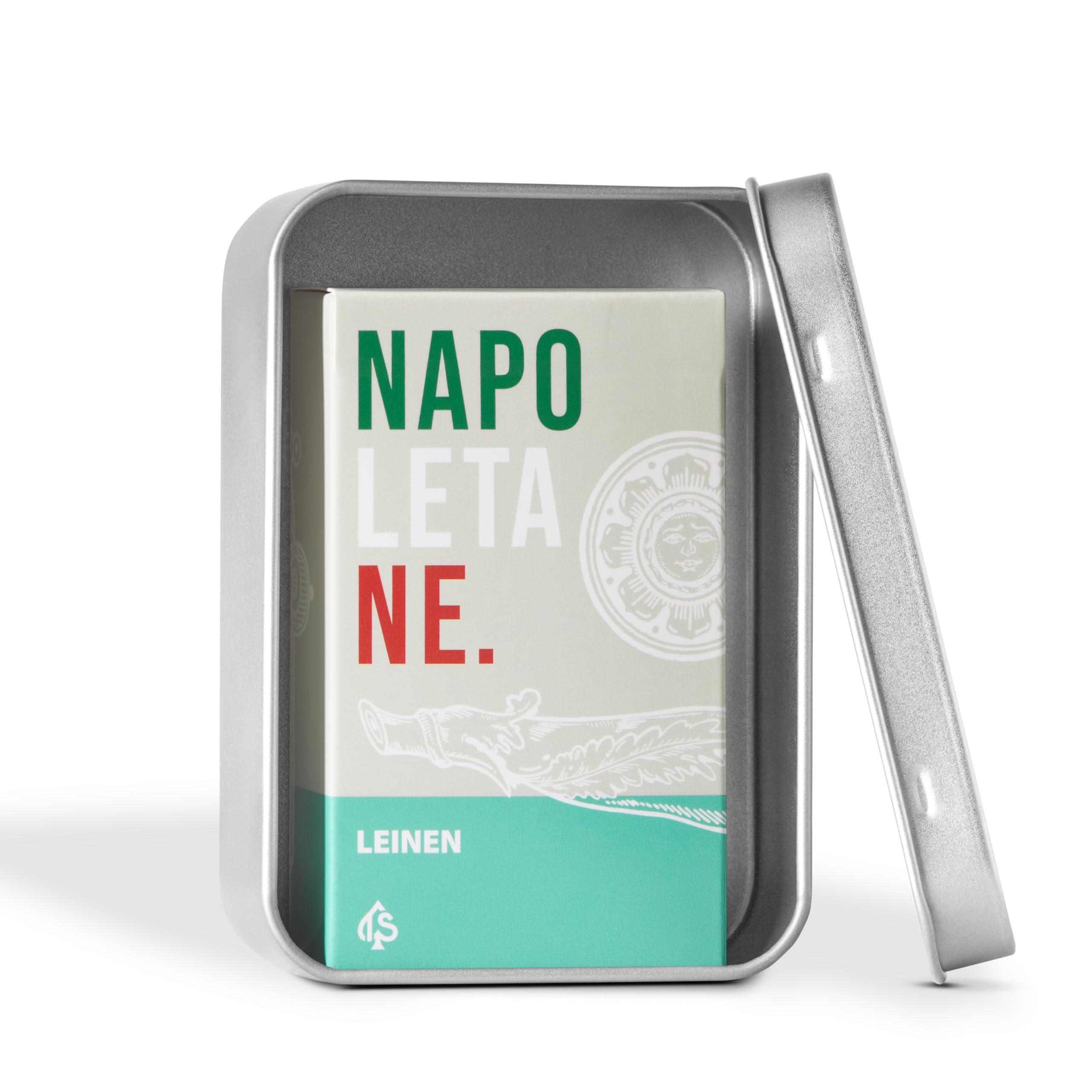 TS Spielkarten | Napoletane Spielkarten LEINEN | extra Dicke Scopa Karten mit napoletanischem Bild | italienisches Spiel | handgezeichnet (Metalldose+ Spielkarten)