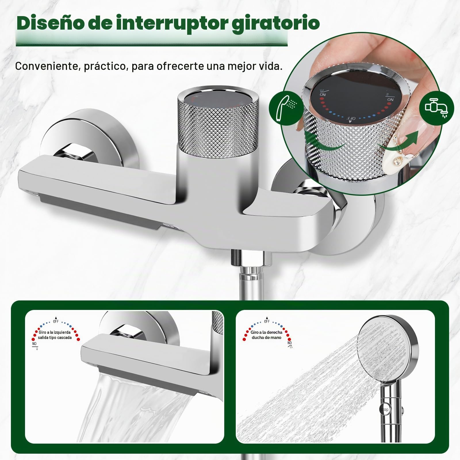 Grifo de bañera con ducha de mano, grifo de cascada para bañera, accesorios de bañera con ducha de 1.5m de manguera de PVC y soporte de pared, mezclador de ducha con 5 funciones, grifo de bañera