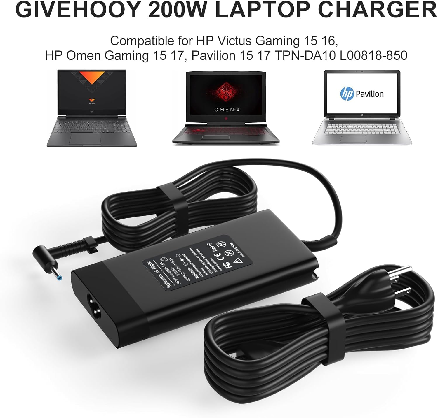 200W Laptop Charger Compatible for HP Victus Gaming 15 16, HP Omen Gaming 15 17, Pavilion 15 17 TPN-DA10 L00818-850 Power Supply Cord AC Adapter