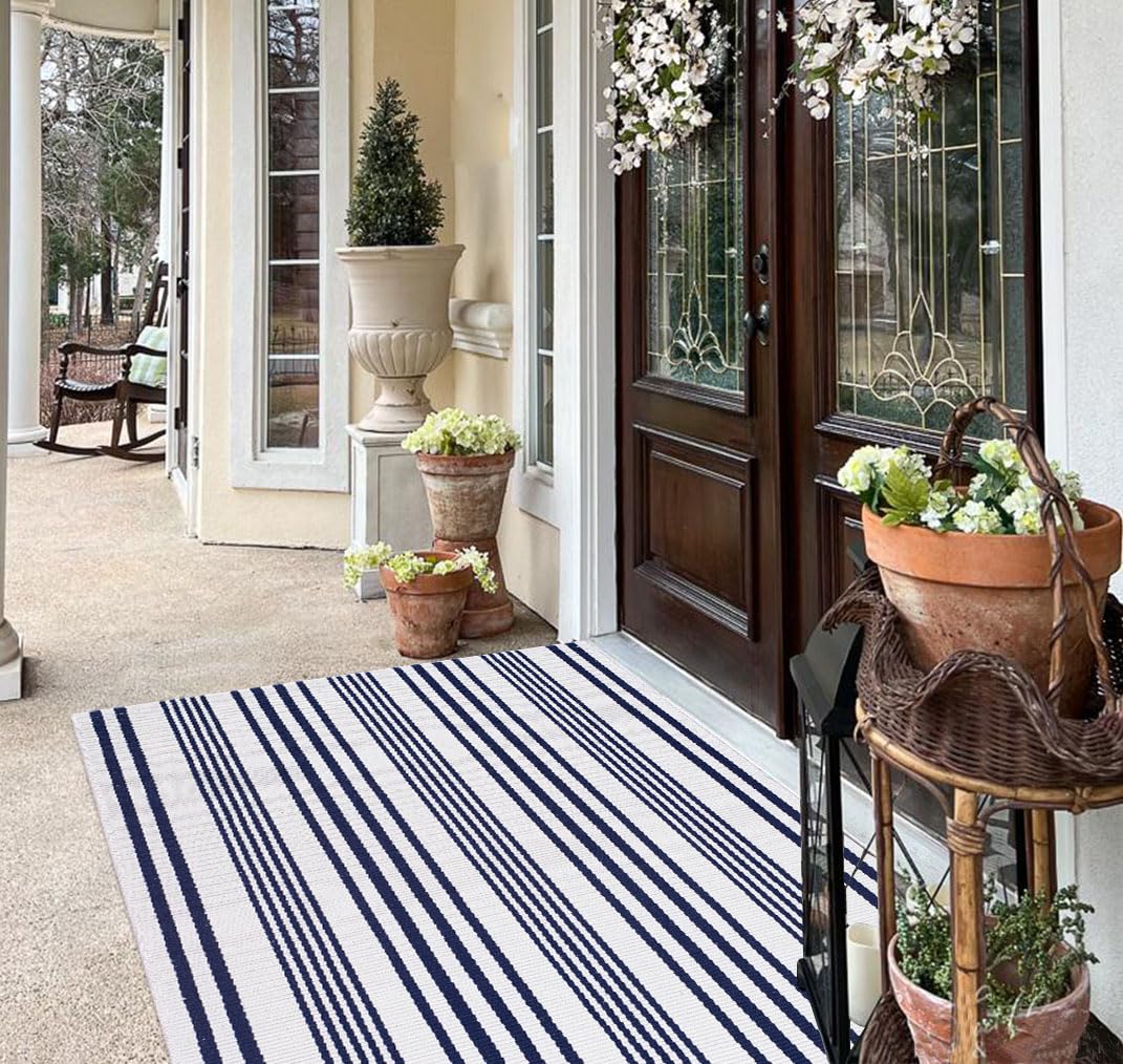 Tappeto per esterni blu e bianco, 9 x 1,5 m, in cotone intrecciato, lavabile, per portico, cortile, soggiorno