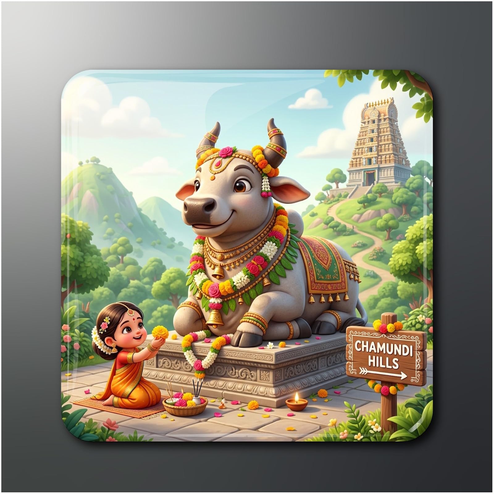 Shri Nandi Chamundi Hills Fridge Magnet (2x2 in, Glossy Finish, Pack of 1) - Revered Monument Decor-image-28