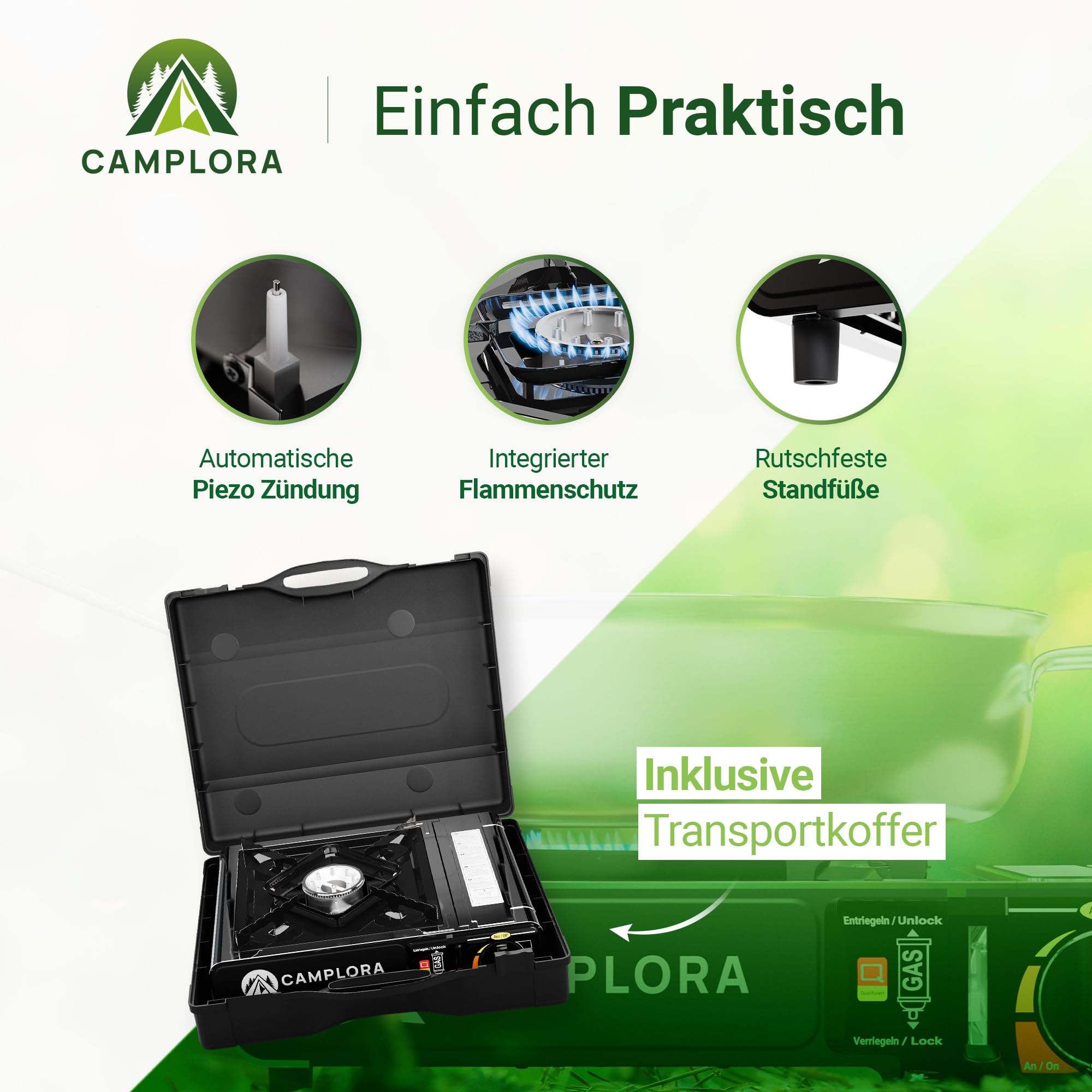 CAMPLORA Gaskocher für MFS-1a Kartuschen inkl. Tragekoffer mit Piezozündung - Campingkocher 2,2 kW - inkl. Sicherheitsabschaltung