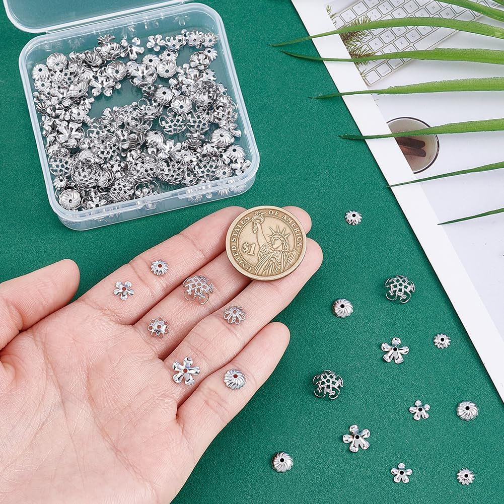 PH PandaHall 240pcs 8 Styles Flower Bead Caps, 304 Stainless Steel End Caps 5~10mm Flower Spacer Bead Tassel End Beading Muiti-Petal Bead Caps for Bracelet Necklace Earring Crafts DIY Jewelry Making - Image 3