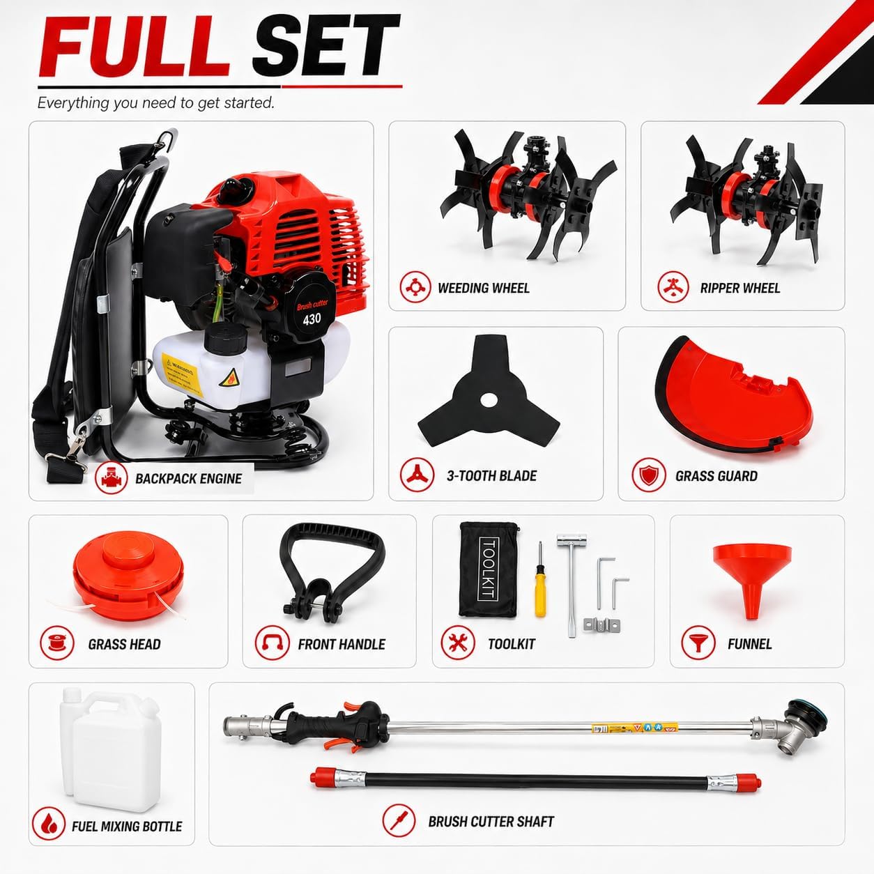 Backpack Grass Trimmer, 1.7HP 2-Stroke Gas Powered Brush Grass Trimmer Cutter, 43CC Lawn Mower with Toolkit, Gas Powered Backpack Garden Rototiller Lawn Mower for Parks