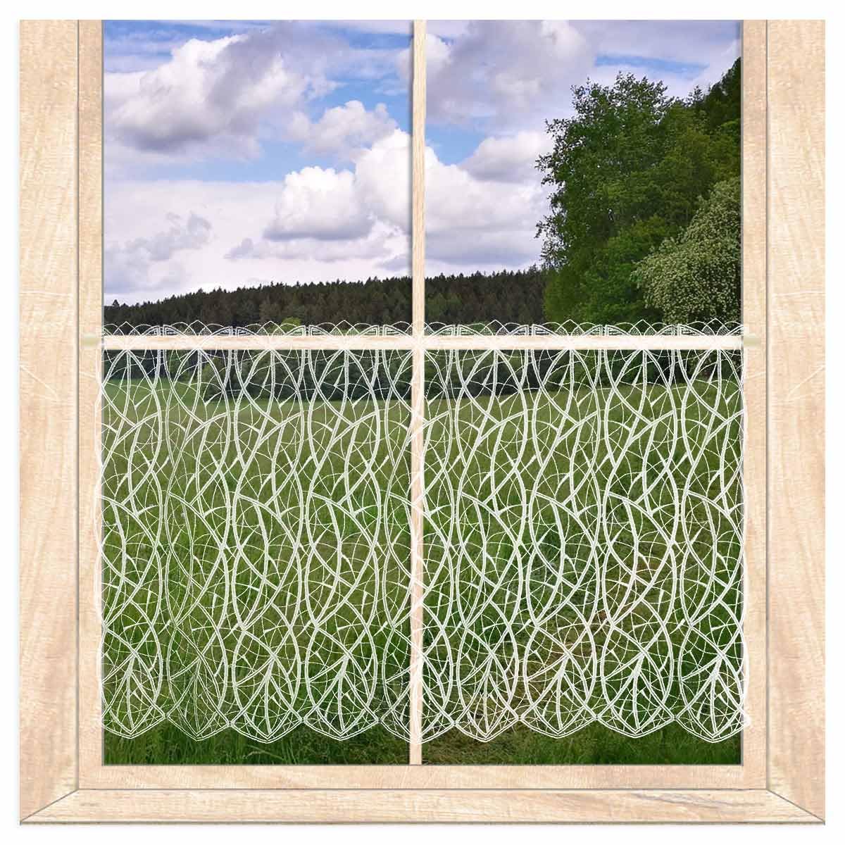 Scheibengardine Cloe aus weißer Luftspitze HxB 43x128 cm | Moderner Kurzstore mit fantasievollem Wellenmuster aus Vogtländischer Spitze | atelier alles-Spitze