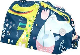 2 Pieces Working Hat with Buttons Adjustable Sweatband Bouffant Hats Unisex Tie Back Hats Animals Happy Birthday Hippo