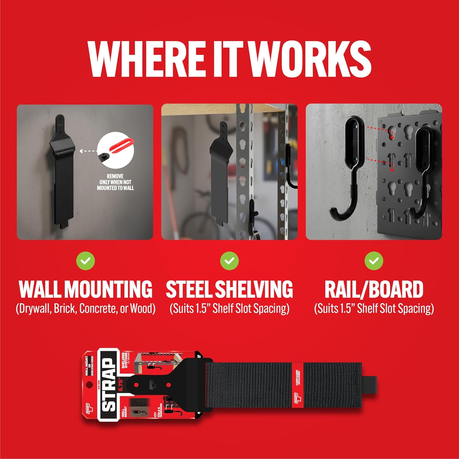 Smart T Wall Hook Strap | 6.75" Strap for Garage Organization, Heavy Duty, Durable, Space Saving Tool Holder - Wall Mount or Shelving Hooks