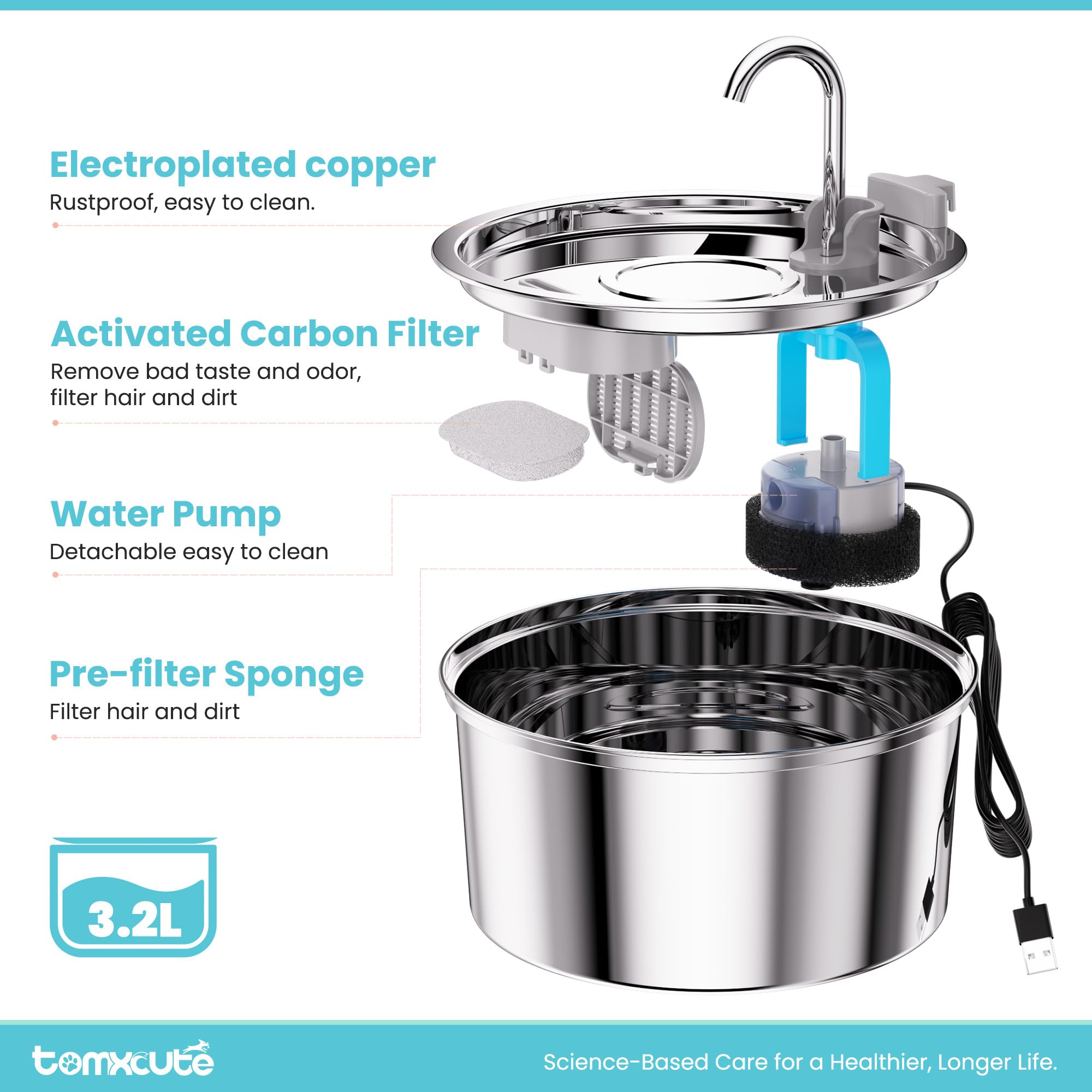 TOMXCUTE 4,0 L Fuente para Gatos de Acero Inoxidable, Fuente de Agua para Gatos y Perros pequeños, diseño de Cuello de Cisne, Apto para lavavajillas, con 1 Esponja y 3 filtros de carbón