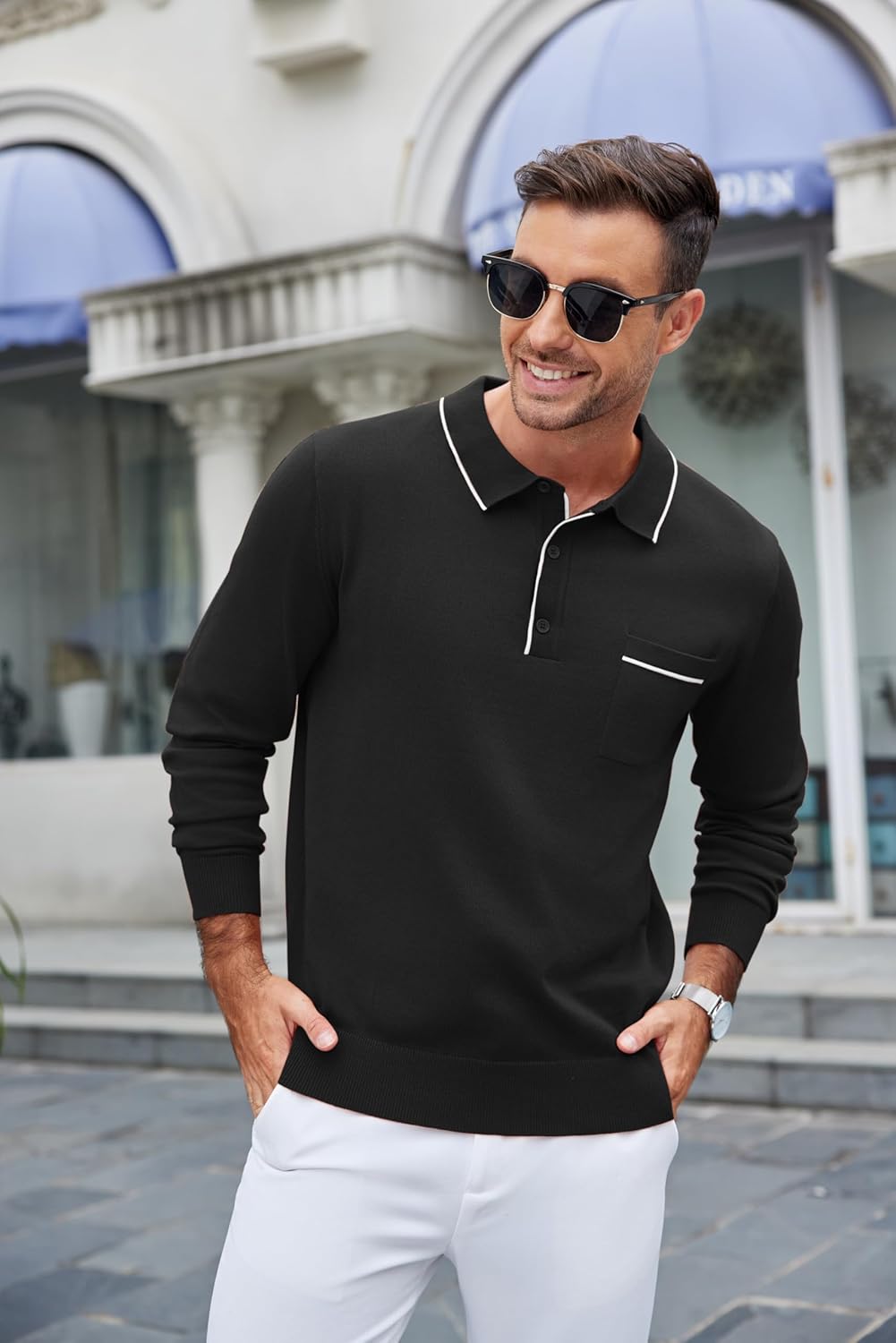 COOFANDY Mens Knit Polo Long Sleeve Collared Sweater Polo Business Casual Polos with Pocket - Image 3